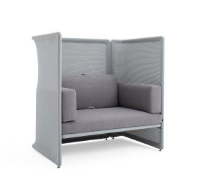 Grey office privacy nook with armrests and mesh privacy screen