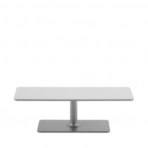 Thin, low-profile office occasional table finished in white with metal base and stand