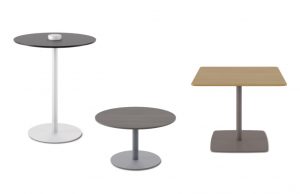 Three wooden office side tables with round and square tops