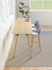 Large standing height table with blue stools
