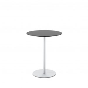 Tall, slim, round office side table with glossy black surface and polished aluminum base
