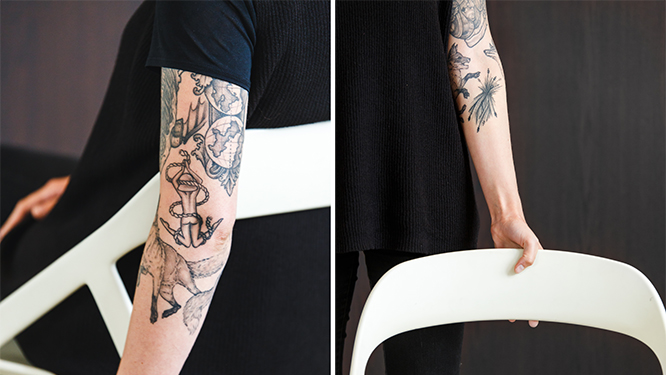 Two photos side by side, with a man with a tattoo armed sitting and holding a plain white chair.
