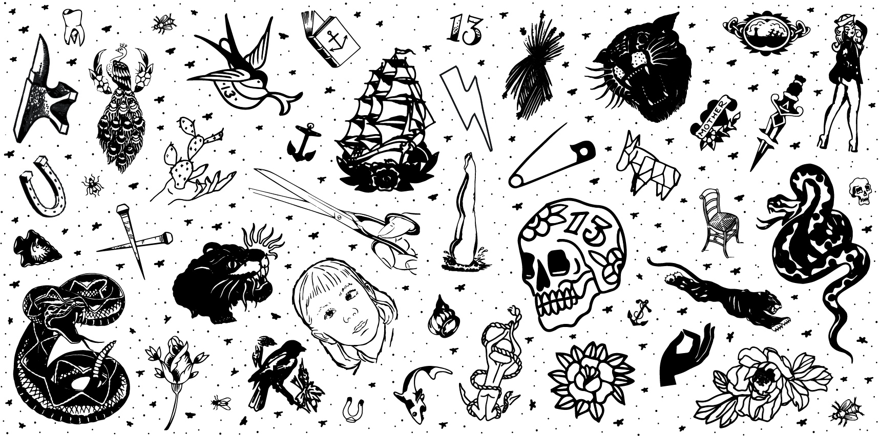 White background with multiple black outline drawings of tattoo art.