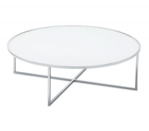Holy Day coffee table with white glass top and chrome finish legs