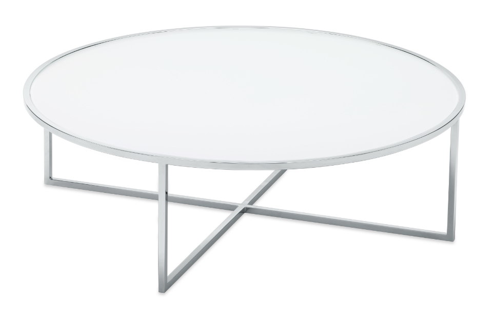 Holy Day coffee table with white glass top and chrome finish legs