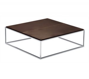 Square low office coffee table with metal frame and leather top