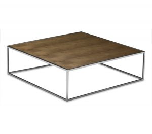 Square office table with wooden top and open interconnected metal base