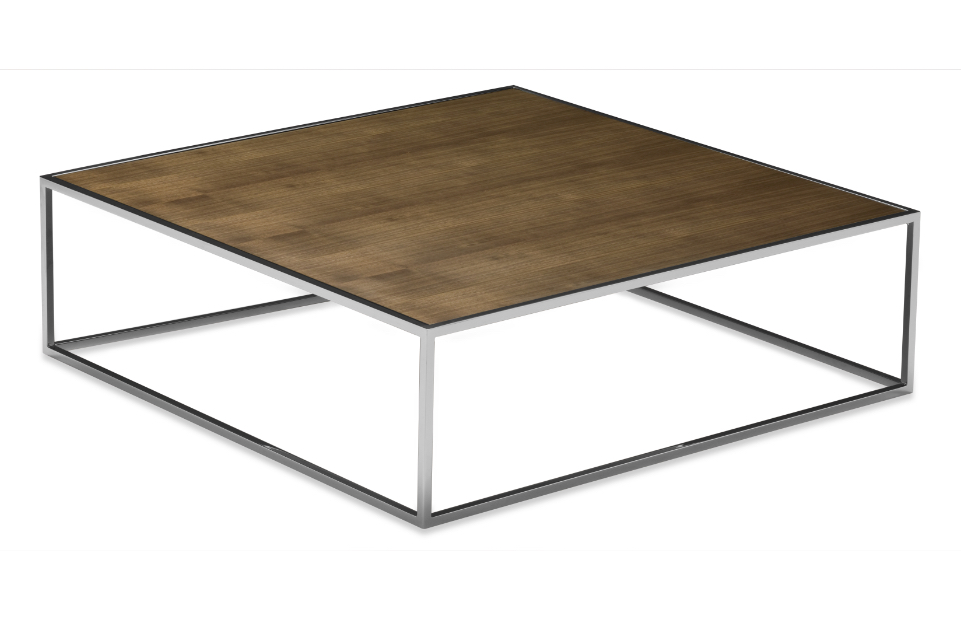 Square office table with wooden top and open interconnected metal base