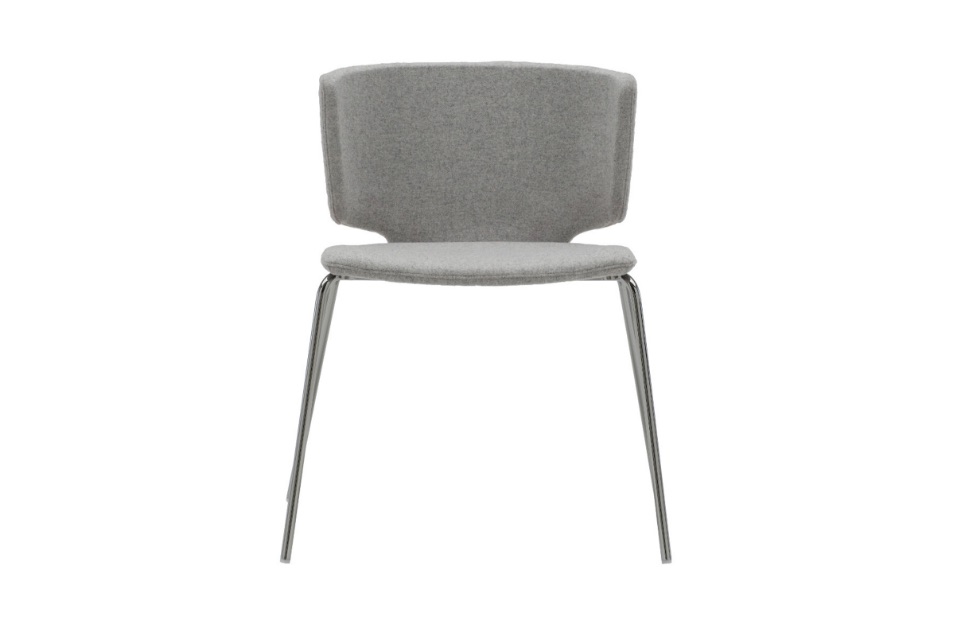 Short grey upholstered office guest chair with metal legs and wraparound back