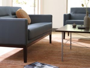 Dark blue leather sofas around square wooden coffee table on orange and brown rug