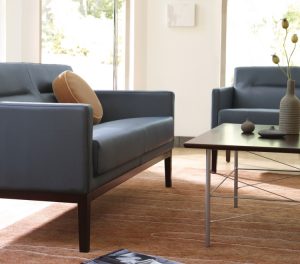 Dark blue leather sofas around square wooden coffee table on orange and brown rug