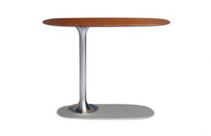 Wooden side table with wide work surface and long metal base for sliding underneath chairs