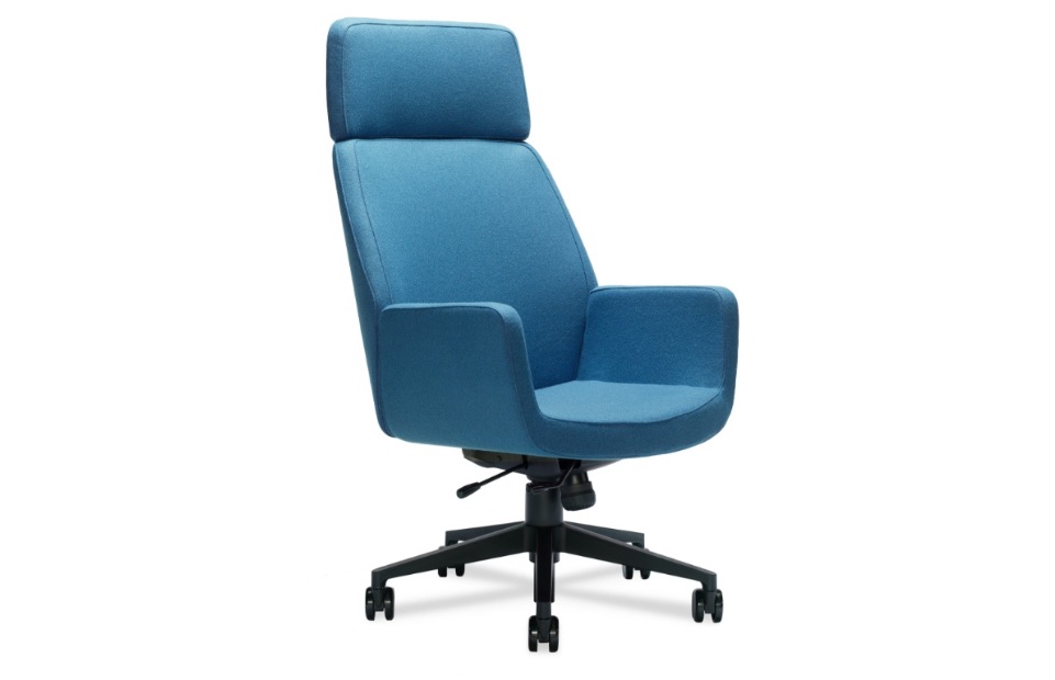 Light blue office conference chair with high back, curved seat, and tall armrests