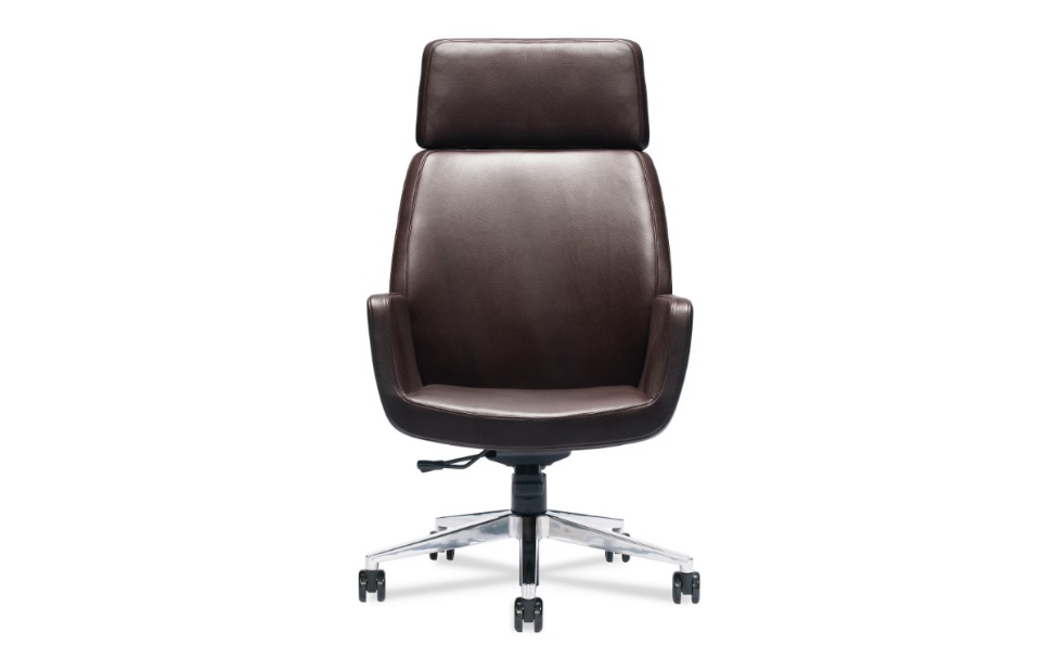 High-backed brown leather conference room chair with aluminum base and black casters