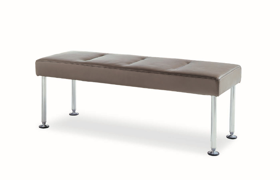 Slim bench seat with grey upholstery and metal legs