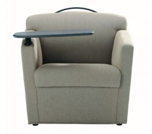 Grey office lounge chair with built-in side table for laptop or tablet