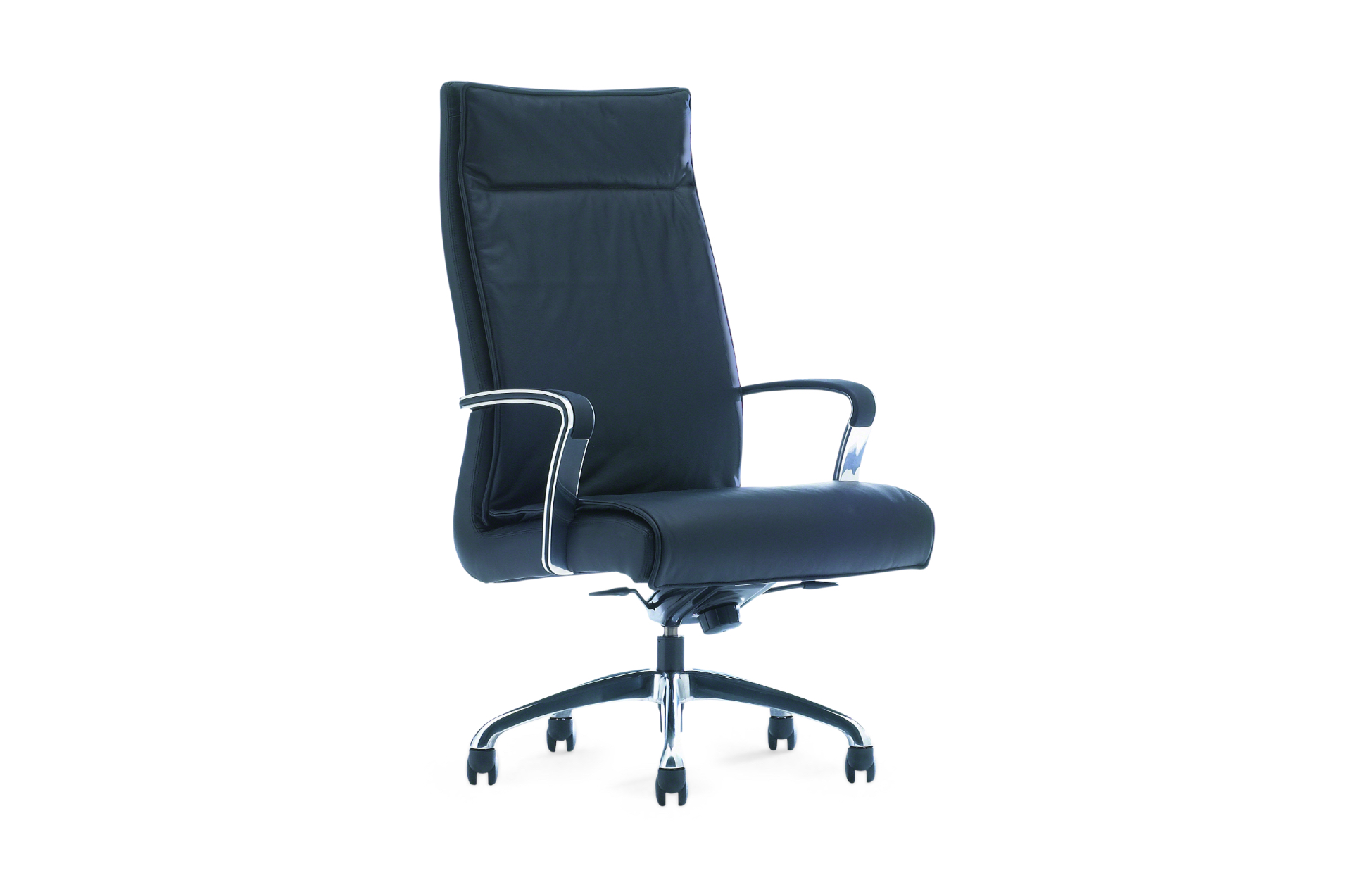 High-backed office conference chair with black leather upholstery