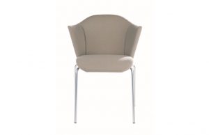 Elegant, curved-back side chair with white upholstery, high armrests, and aluminum legs