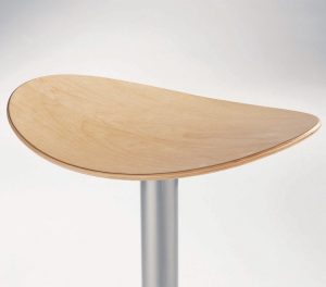 Curved wooden seat on cafe-height stool with metal stand
