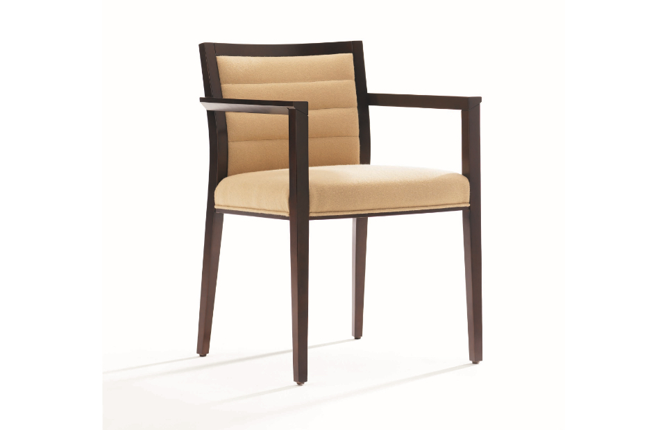 Slim wooden guest chair with dark-stained wood frame and light tan upholstery