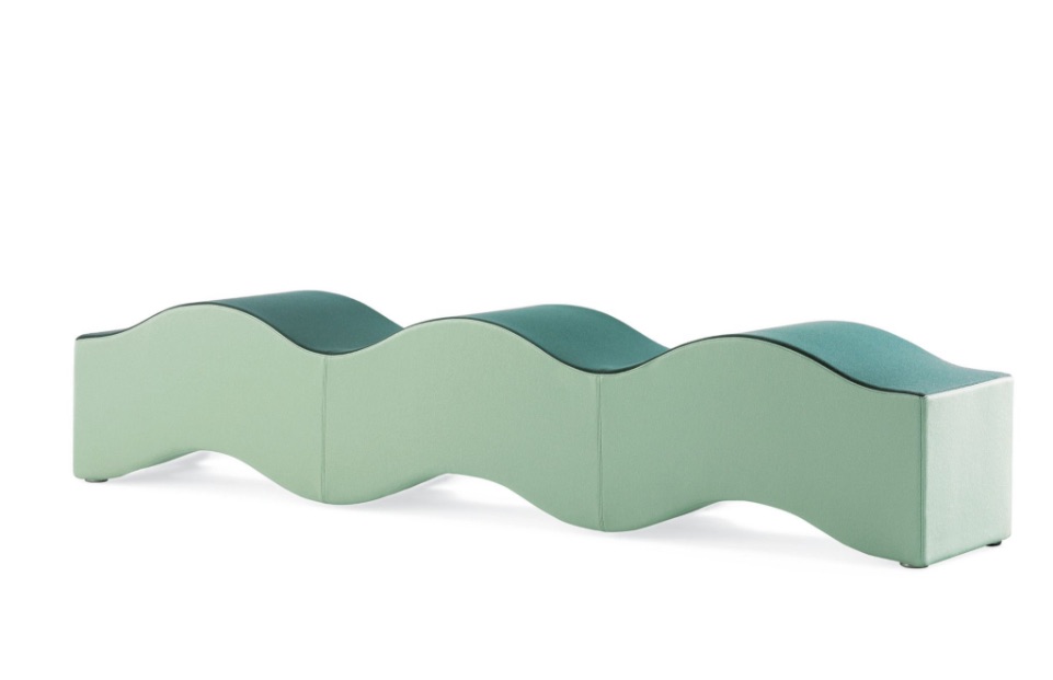 Wave-shaped office bench upholstered in two-tone fabric