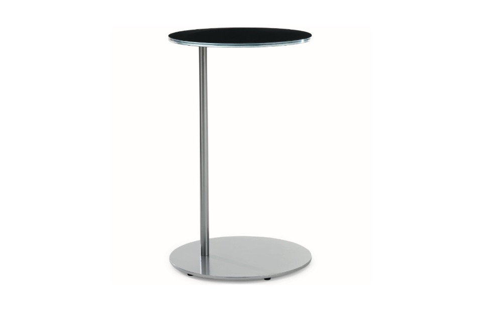 Reflective metal side table with round top and wide aluminum base