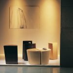 Half-circular wooden office side tables in pairs and alone