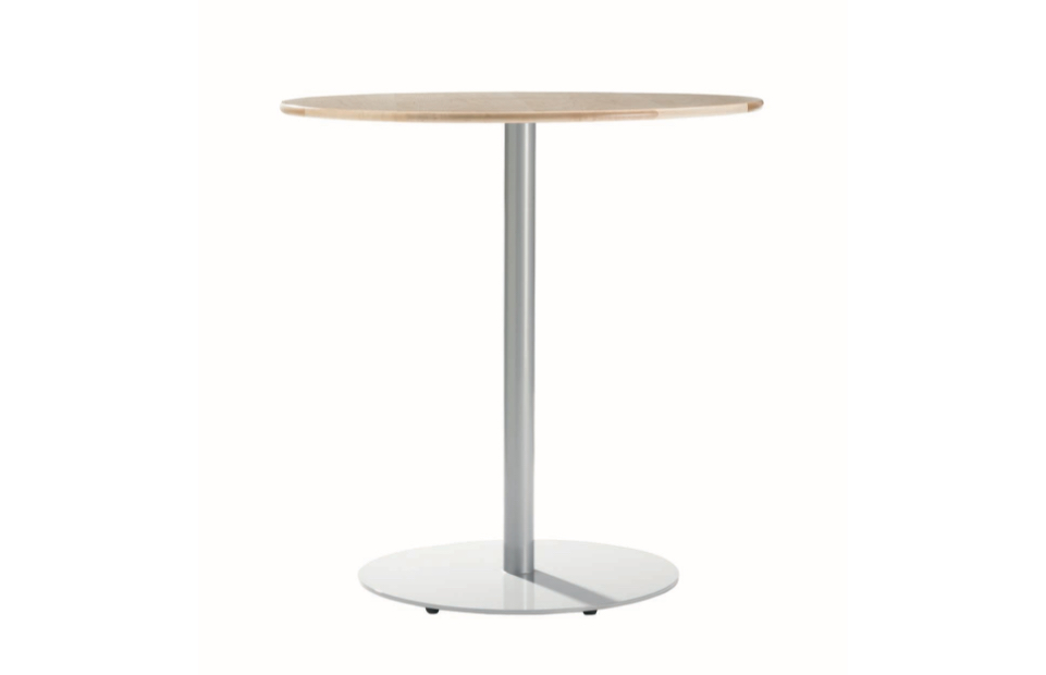 Tall round wooden table with single aluminum leg and matching base