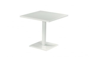 Low, slim white office side table with matching white top and base