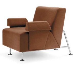 Brown office lounge chair with angled back, high armrests, and metal legs