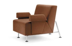 Brown office lounge chair with angled back, high armrests, and metal legs