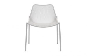 Rounded, low-back white metal outdoor office chair with white legs and hardware
