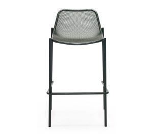 Dark metal cafe height outdoor stool with mesh metal back and seat