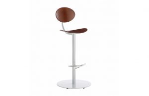 Cafe-height bar stool with metal base, wooden back, and wooden seat