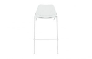 Low-back white upholstered outdoor office stool with tall white metal legs