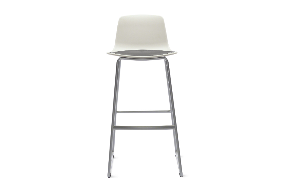 Slim office stool with white back and seat, grey cushion, and aluminum legs