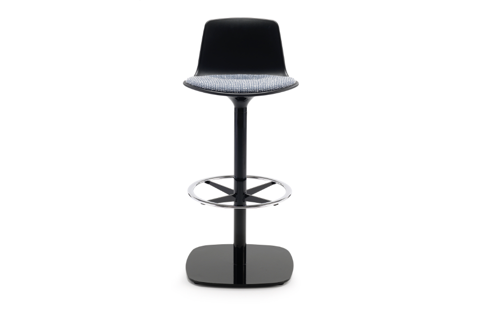 Cafe-height office bar stool with black back and seat, matching metal base, and upholstered cushion