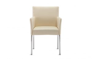 Office guest chair with armrests, metal legs, and cream-colored upholstery