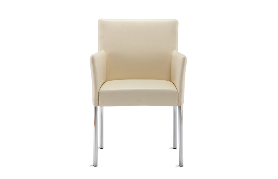 Office guest chair with armrests, metal legs, and cream-colored upholstery