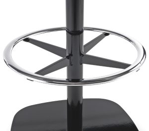 Circular base of office stool with black finish and reflective metal surface