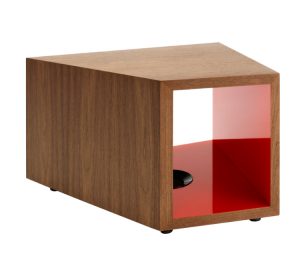 Wooden office side table with open center storage and red lining