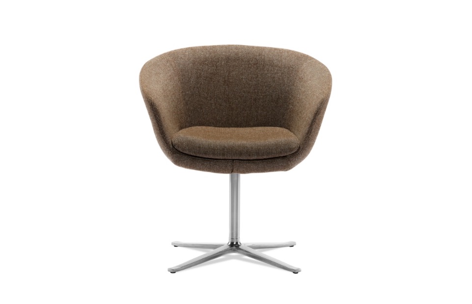 Mid-height office side chair with connected armrests, brown upholstery, and polished aluminum base
