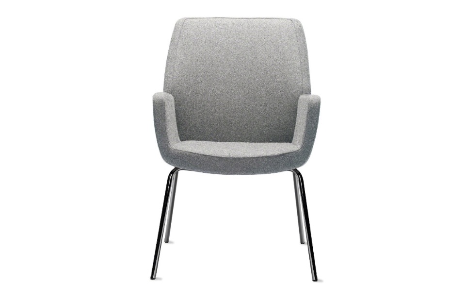 Mid-century modern office side chair with grey upholstery, armrests, and aluminum base