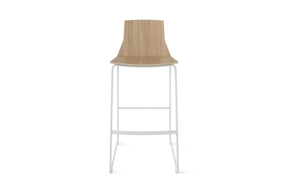 Low-back wooden office stool with tall white metal base and legs