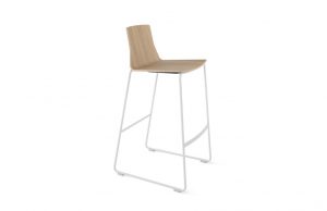 Cafe height office stool with rounded wooden back and chair