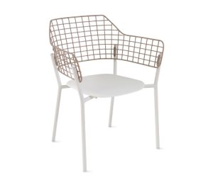 White outdoor lounge chair with metal wire back and arms