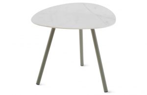 Marble topped side table with angled legs and rounded edges