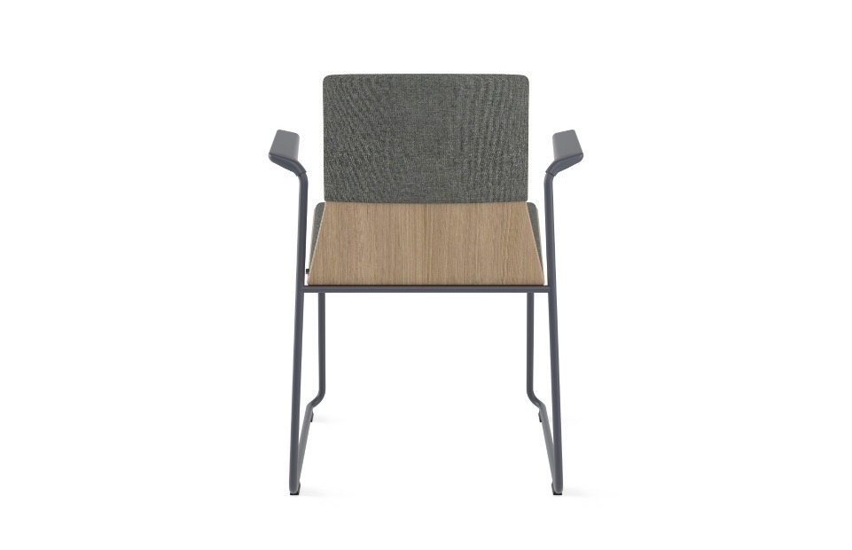 Office side chair with wooden seat, metal frame, high armrests, and upholstered back