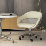Collaborative space with wooden cabinet, SW_1 mobile office chairs, and white work table