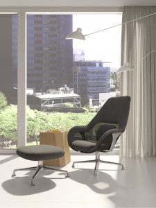 Office window overlooking park and neighboring buildings with lounge furniture and wooden side table nearby